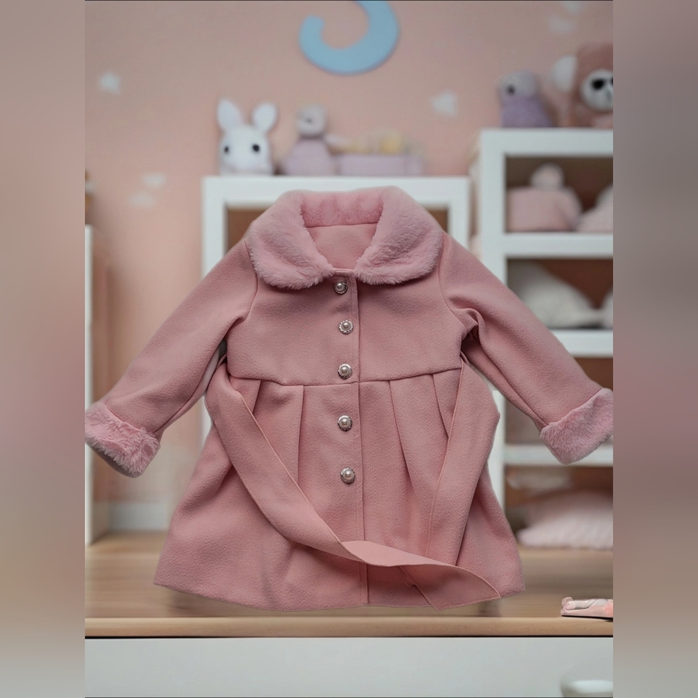Adorable Toddler Baby Girl Pink Fuzzy Cuff & Collar Pearl Button Coat Sz 18-24 M